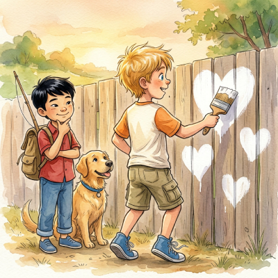 Huck and Tom painting the fence